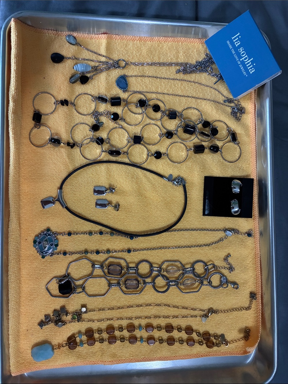 Lot of 9 Lia Sophia Black and Gold Mixed-Link Necklaces/earrings /clip earrings